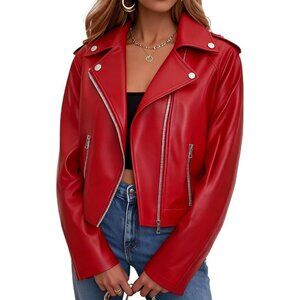 🆕 Women's Bright Red Faux Leather Cropped Coat Cute Short Zip Up Casual Jacket
